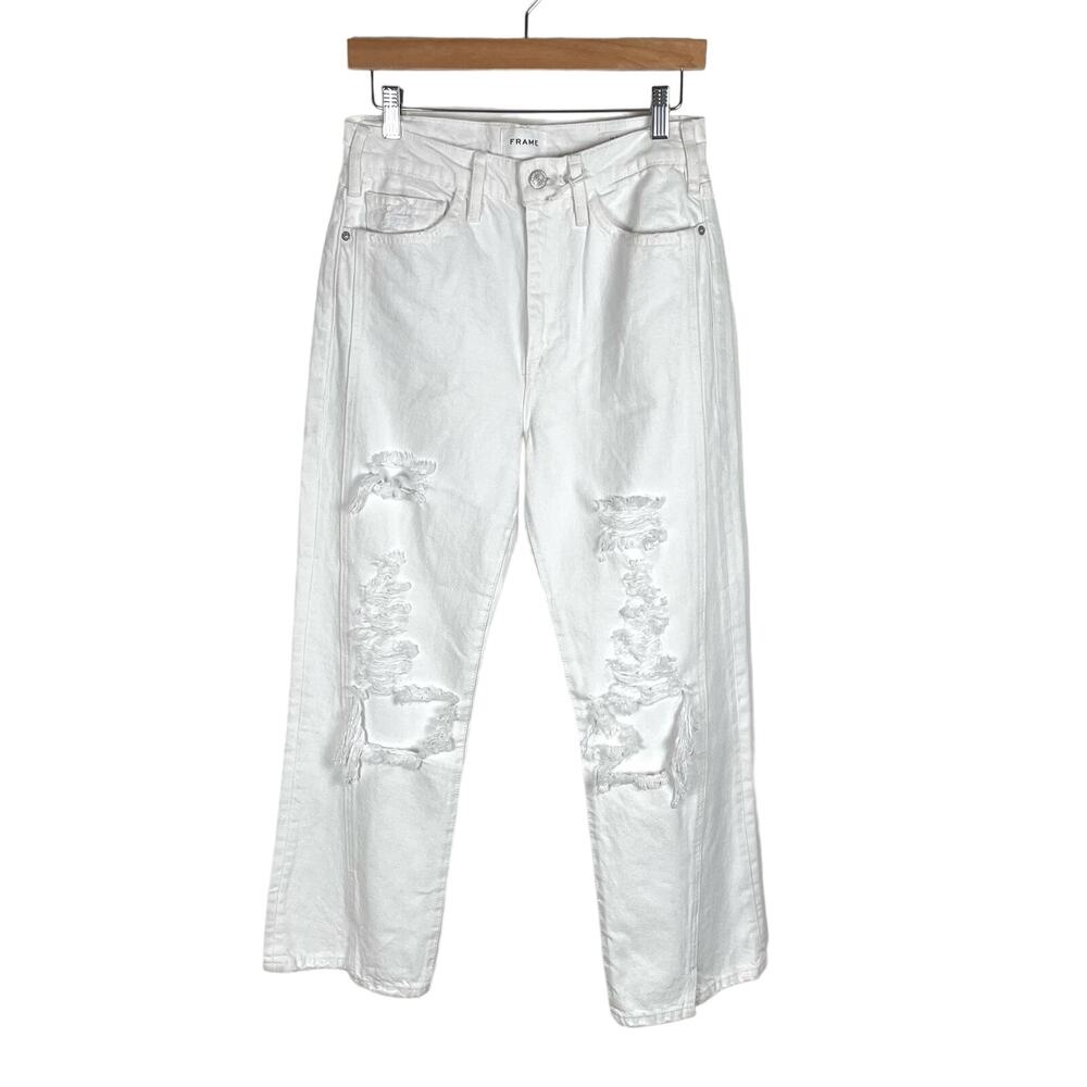 Frame Le Jane Crop Distressed Straight-Leg Jean 27 White Rumpled Blanc Destruct - Picture 4 of 15